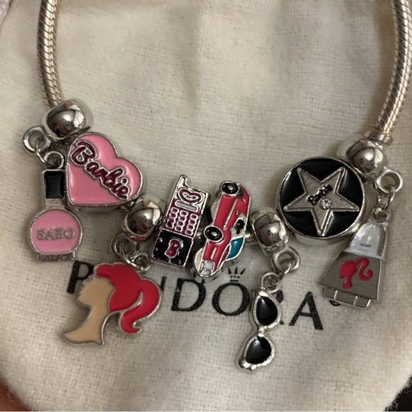 Pandora Snake Chain Lobster Clasp Bracelet w/ 8 New Barbie Theme Charms - Picture 2 of 10